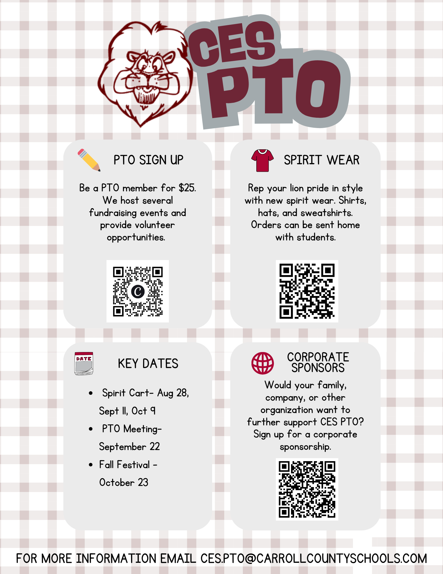 CES PTO Back to School PTO Signup, Volunteer link, and spirit wear link