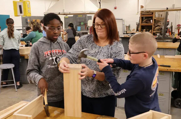 teacher and students building teacher and students building