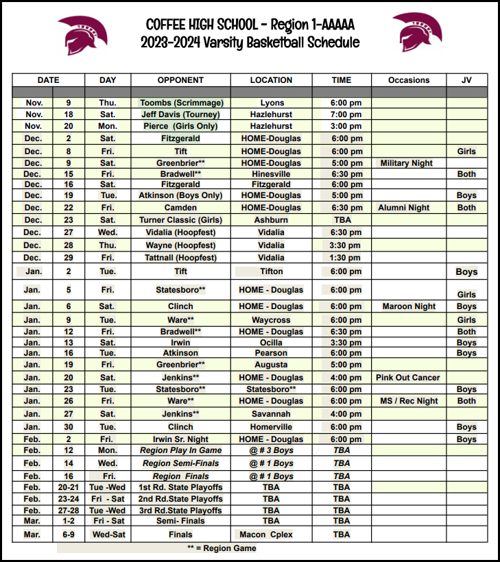 2023-2024 CHS Basketball Schedule