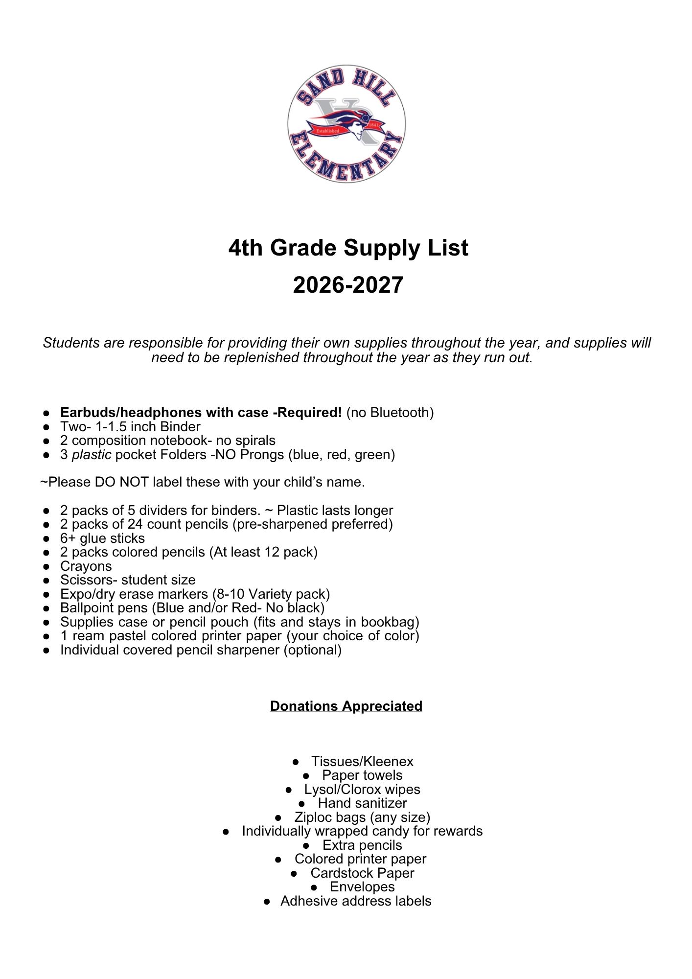 Fourth Grade Supply List 2026  - 2027