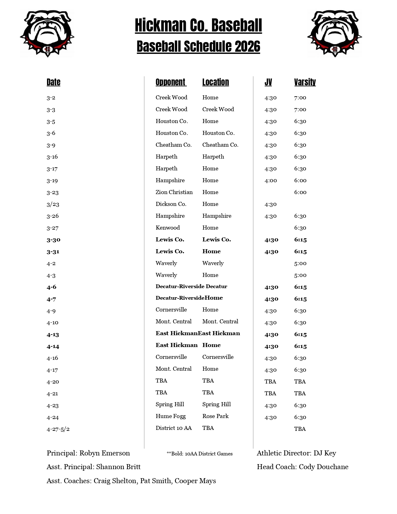 Baseball Schedule of games for the 2025-26 season