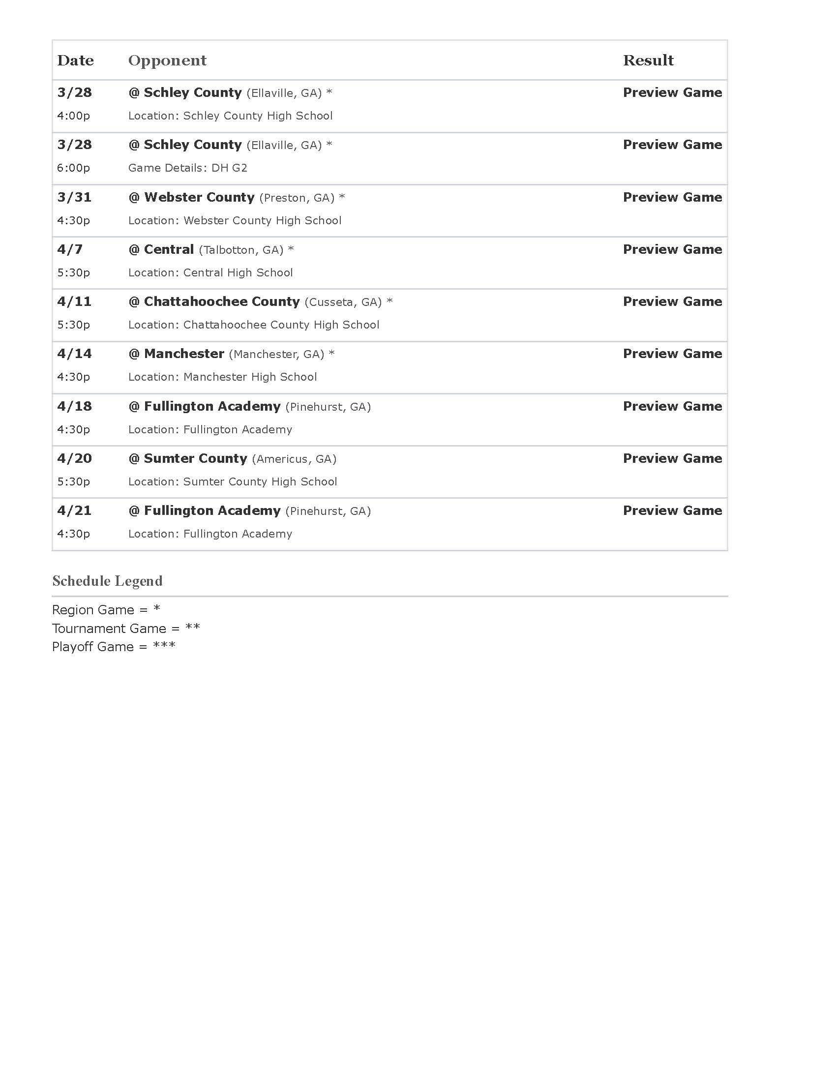 Baseball Schedule