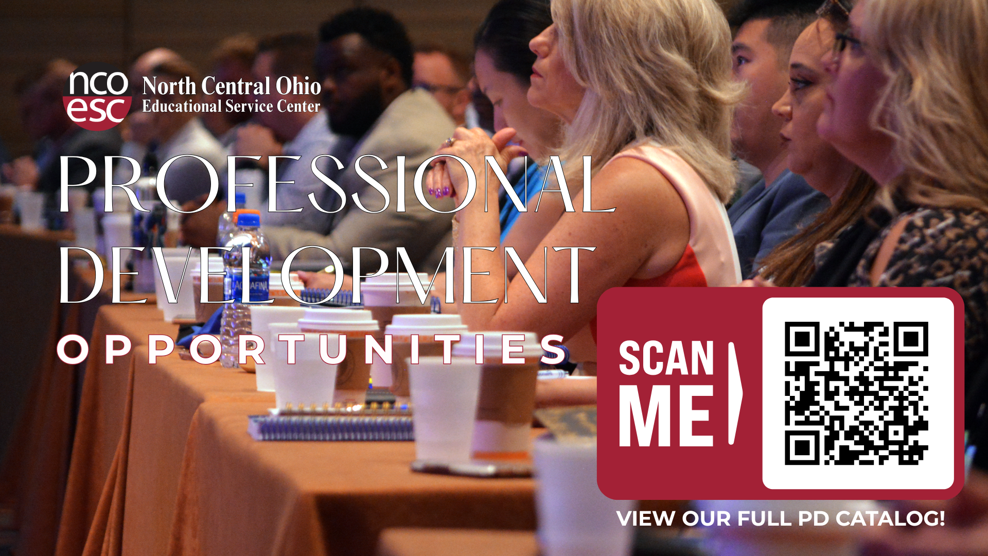 Image of educators at a professional development session and a qr code to access the NCOESC PD catalog