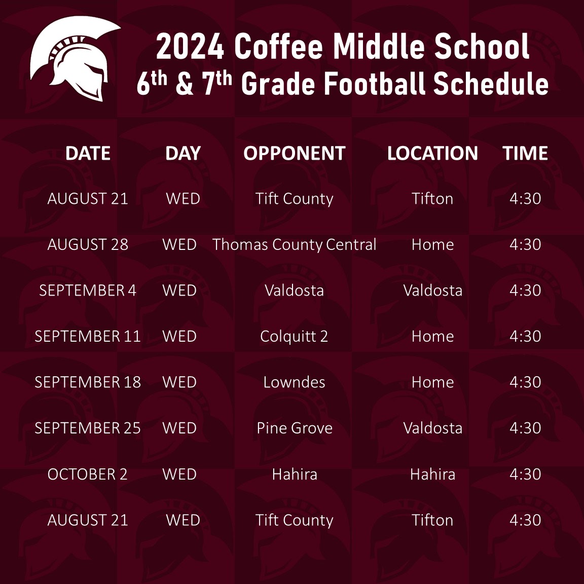 2024 Coffee Middle School 
6th & 7th Grade Football Schedule