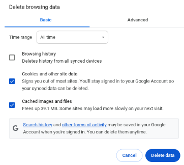 Delete Browsing Data Menu in Google Chrome