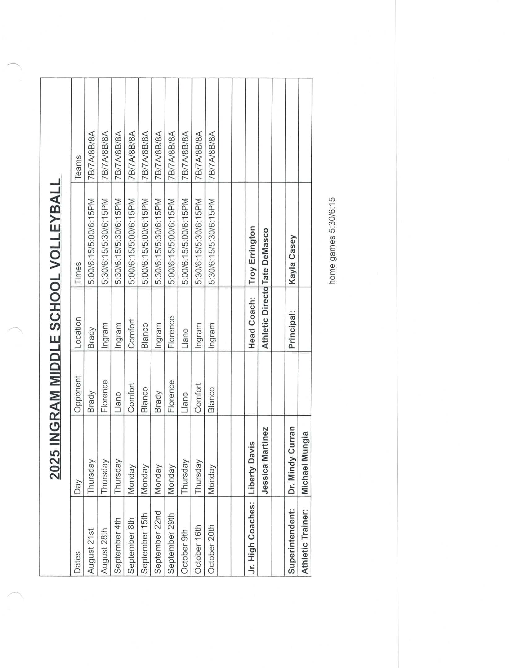 IMS SPORTS SCHEDULE 