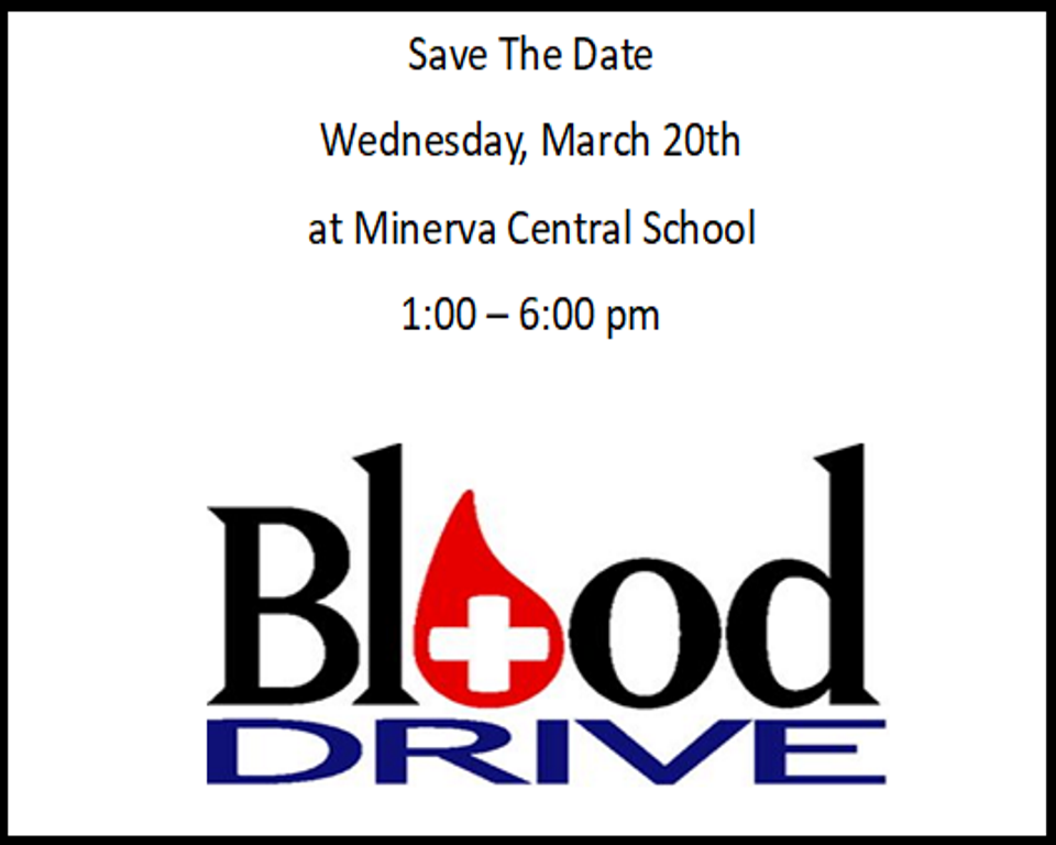 Blood Drive Image March 20, 2023 1:00 pm to 6:00 pm at Minerva Central School Image