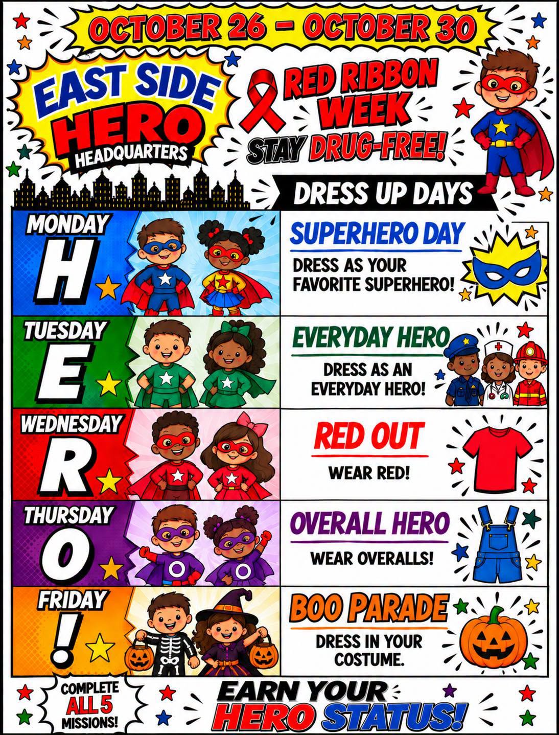 East Side Elementary Red Ribbon Week flyer for October 26–30 featuring daily dress-up themes including Superhero Day, Everyday Hero, Red Out, Overall Hero, and Boo Parade.