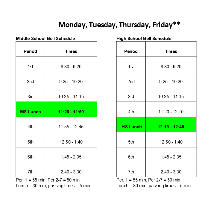  Bell Schedule (click here) 