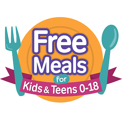 plate with fork and spoon that says free meals for kids 0-18