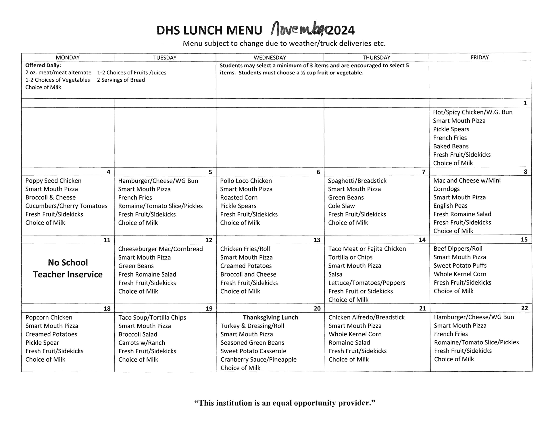 DHS Lunch Menu Page 1