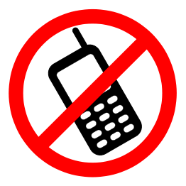 A cell phone with a red "prohibited" mark over the top.