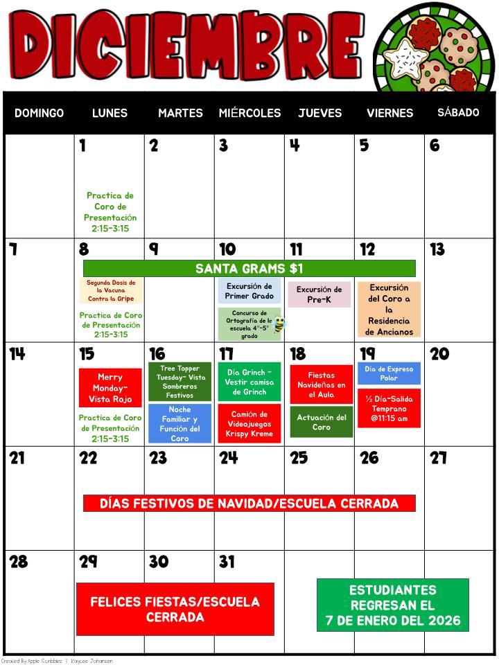 DECEMBER SCHOOL CALENDAR (SPANISH)