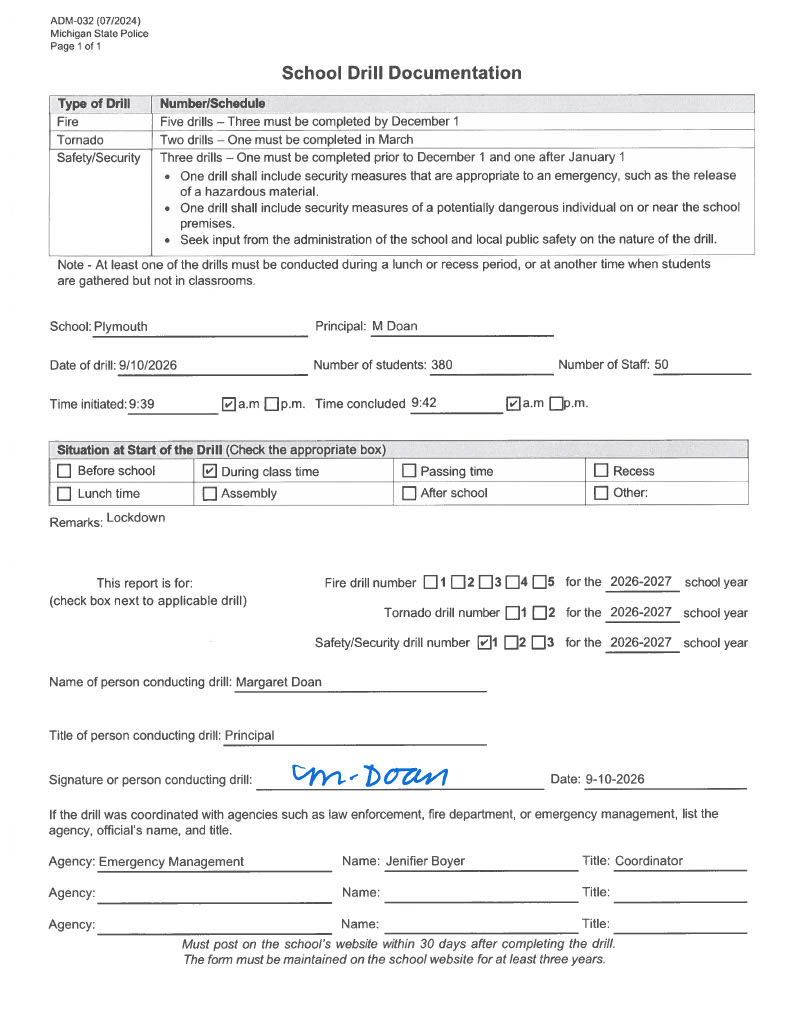 Plymouth Elementary safety drill form 2026-2027