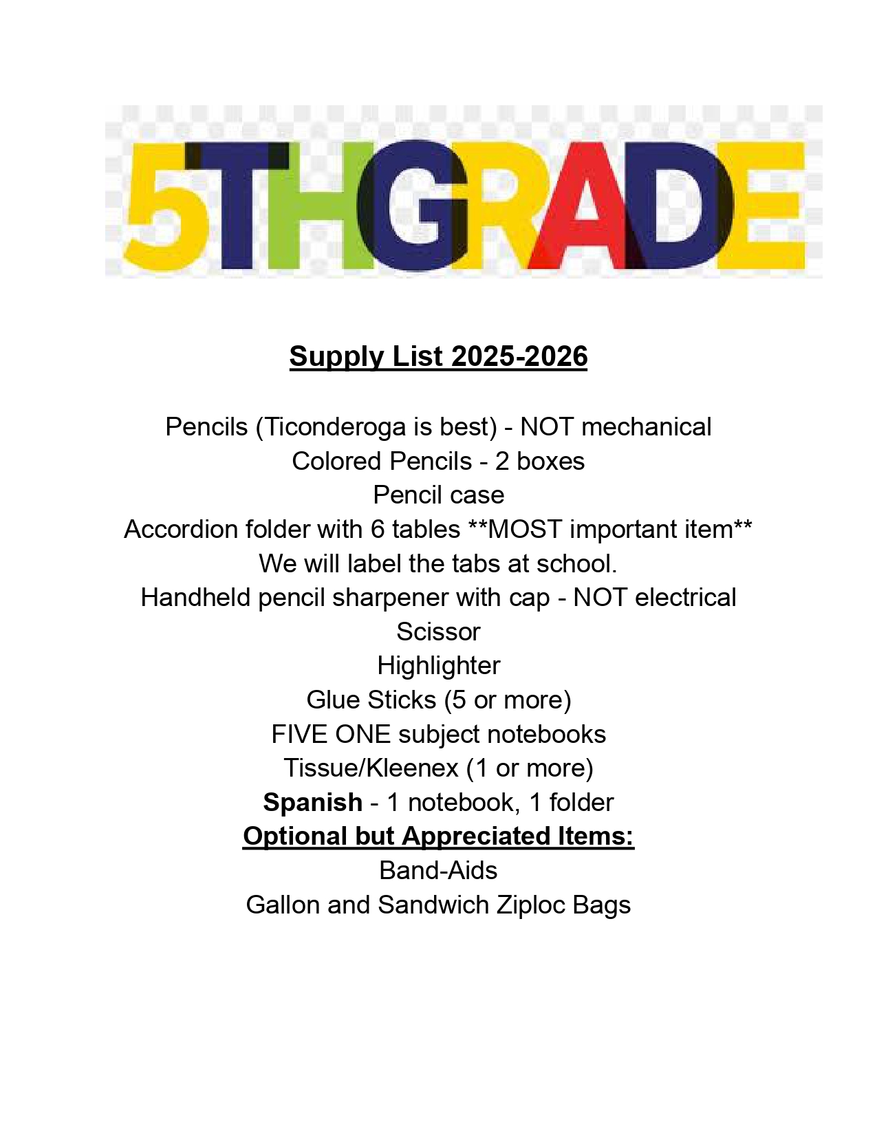 5th grade supply list
