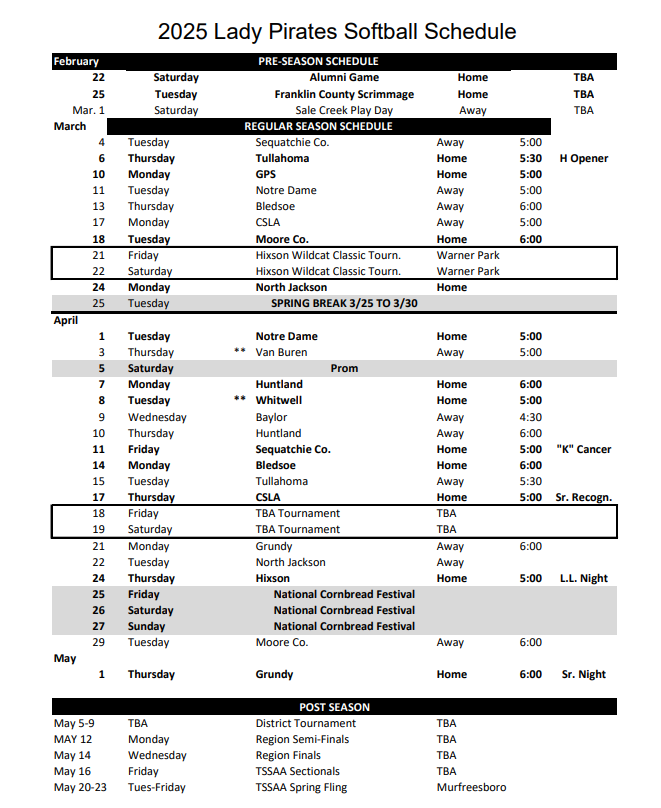 softball schedule