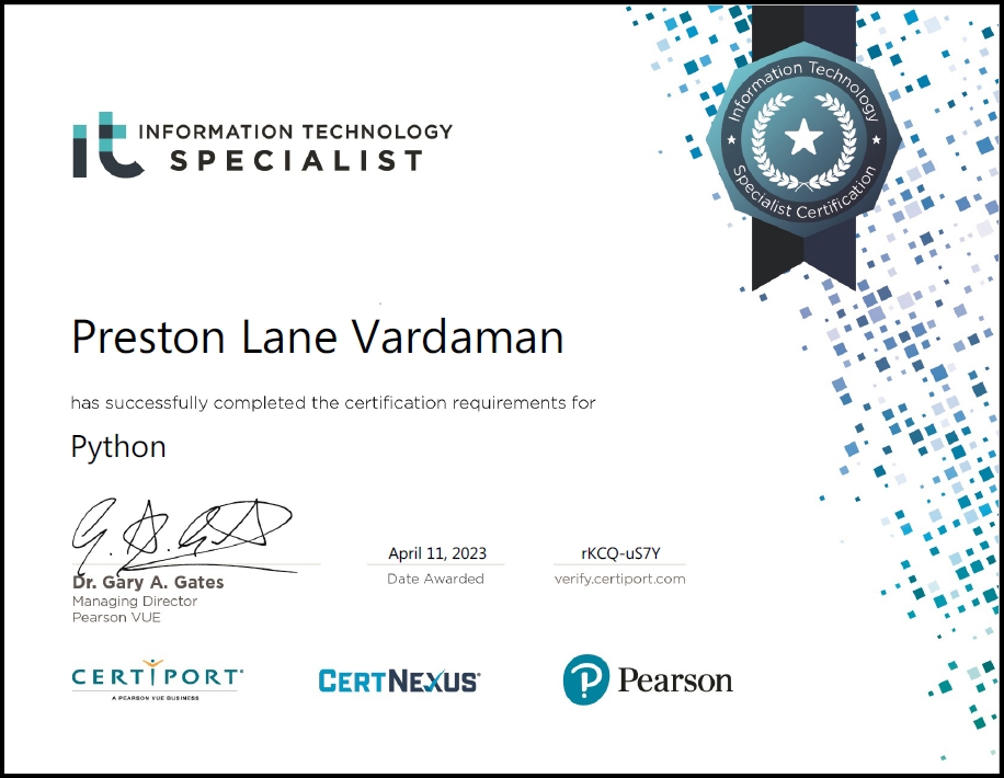 Preston Lane Vardaman's ITS Python Certification