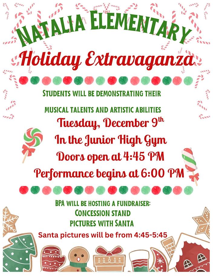 Flyer announcing the Elementary Holiday Extravaganza on December 9 doors open at 4:45