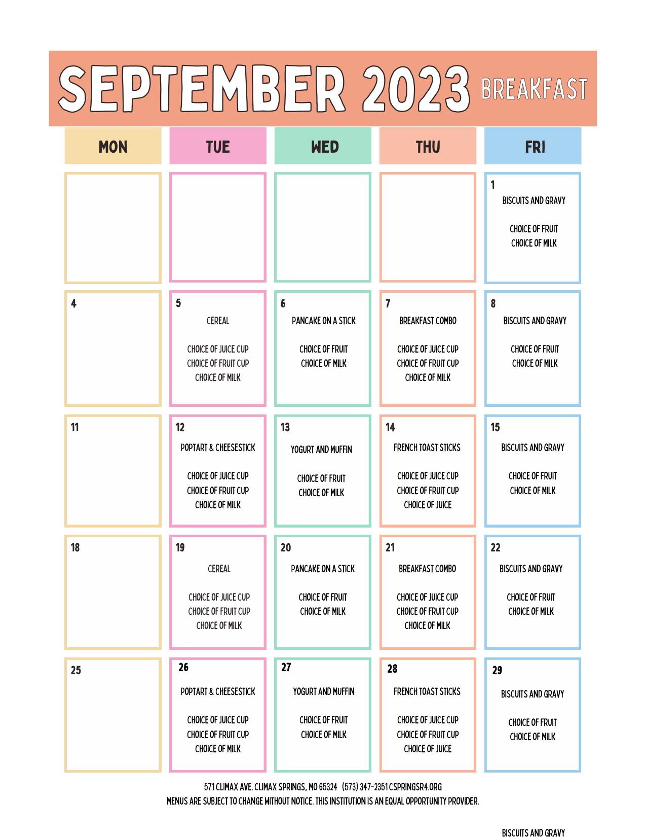 September Breakfast Calendar
