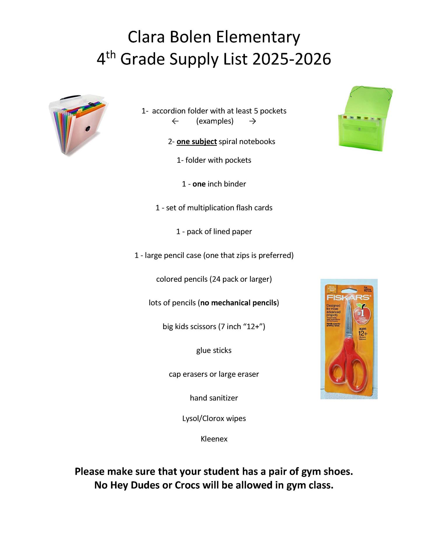 4th Grade School Supply List