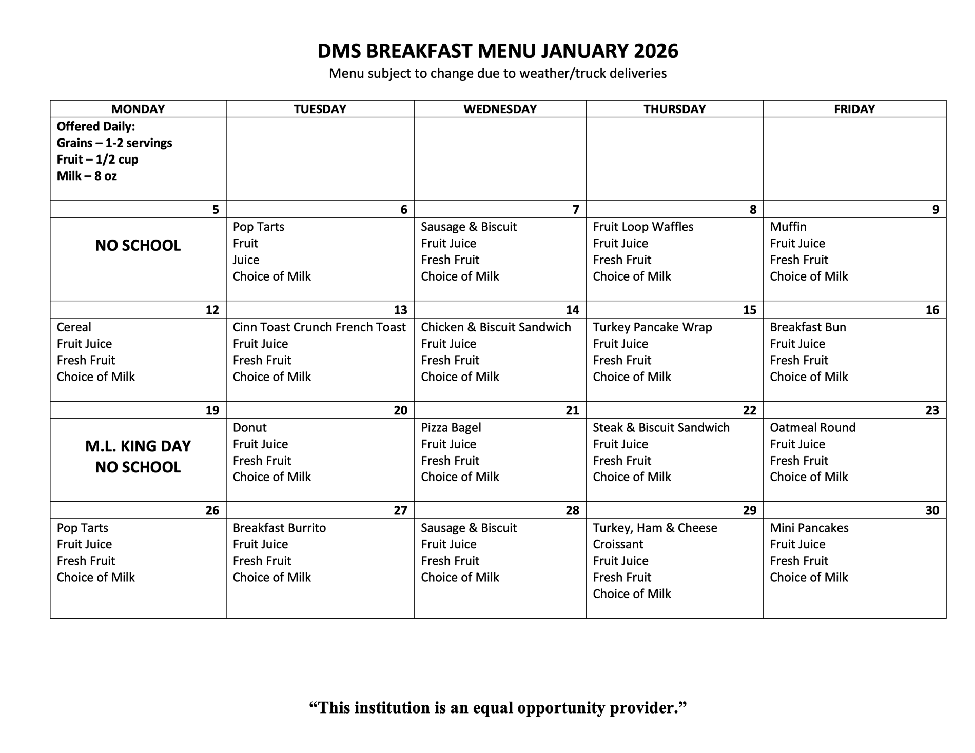 January Breakfast Menu