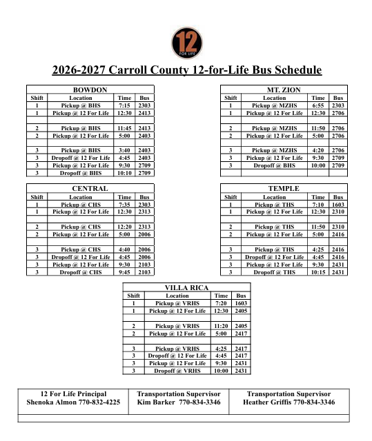 12 for Life Bus Transportation Schedule 2026-2027