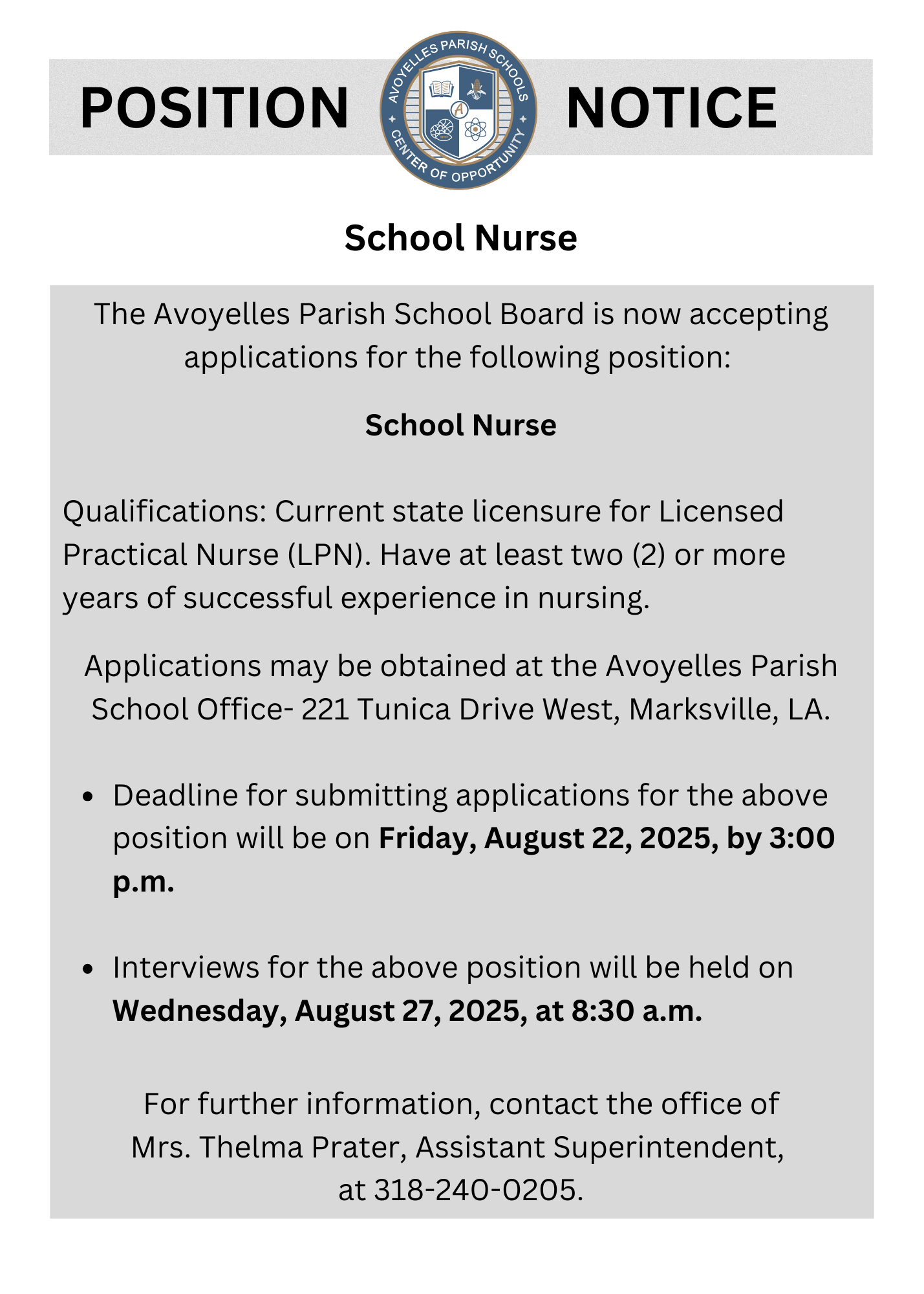 School Nurse Job Posting 8.12.25