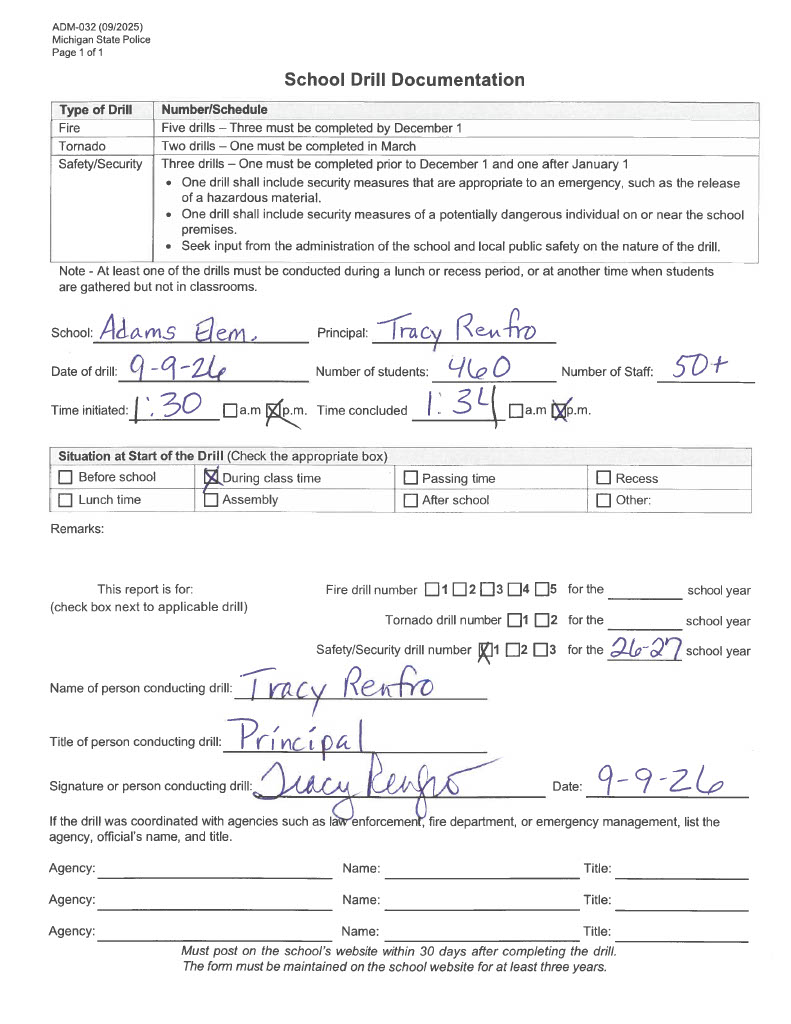 Adams Elementary safety drill form 2026-2027