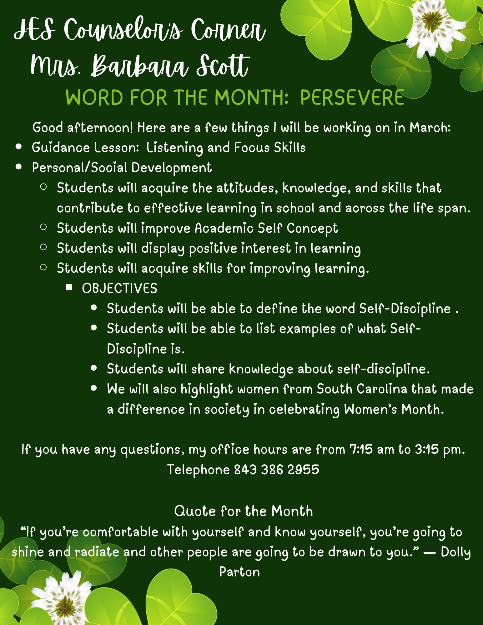JES Counselor’s Corner Mrs. Barbara Scott Word for the Month: Self-Discipline JES Counselor’s Corner Mrs. Barbara Scott Word for the Month: Self-Discipline