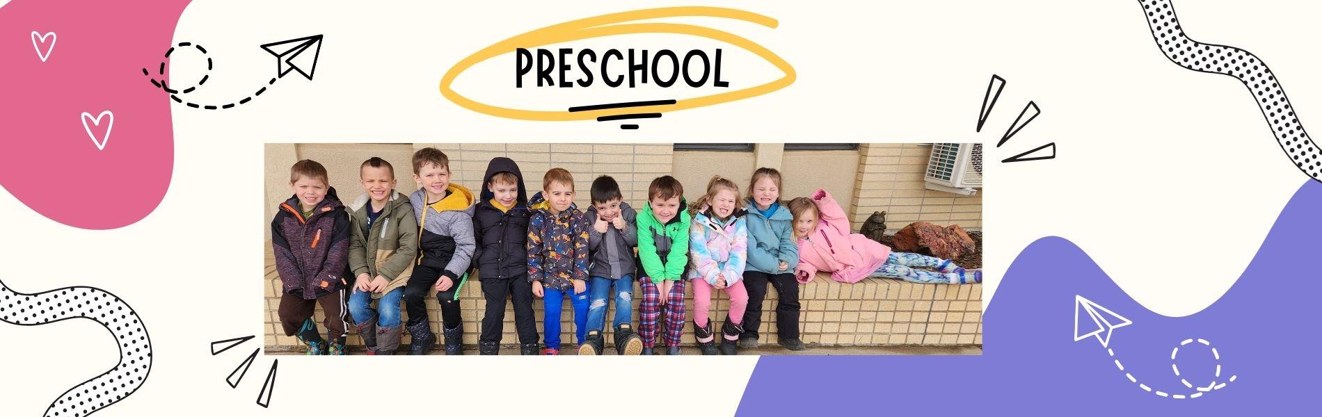 image of preschool students outside on a colorful background