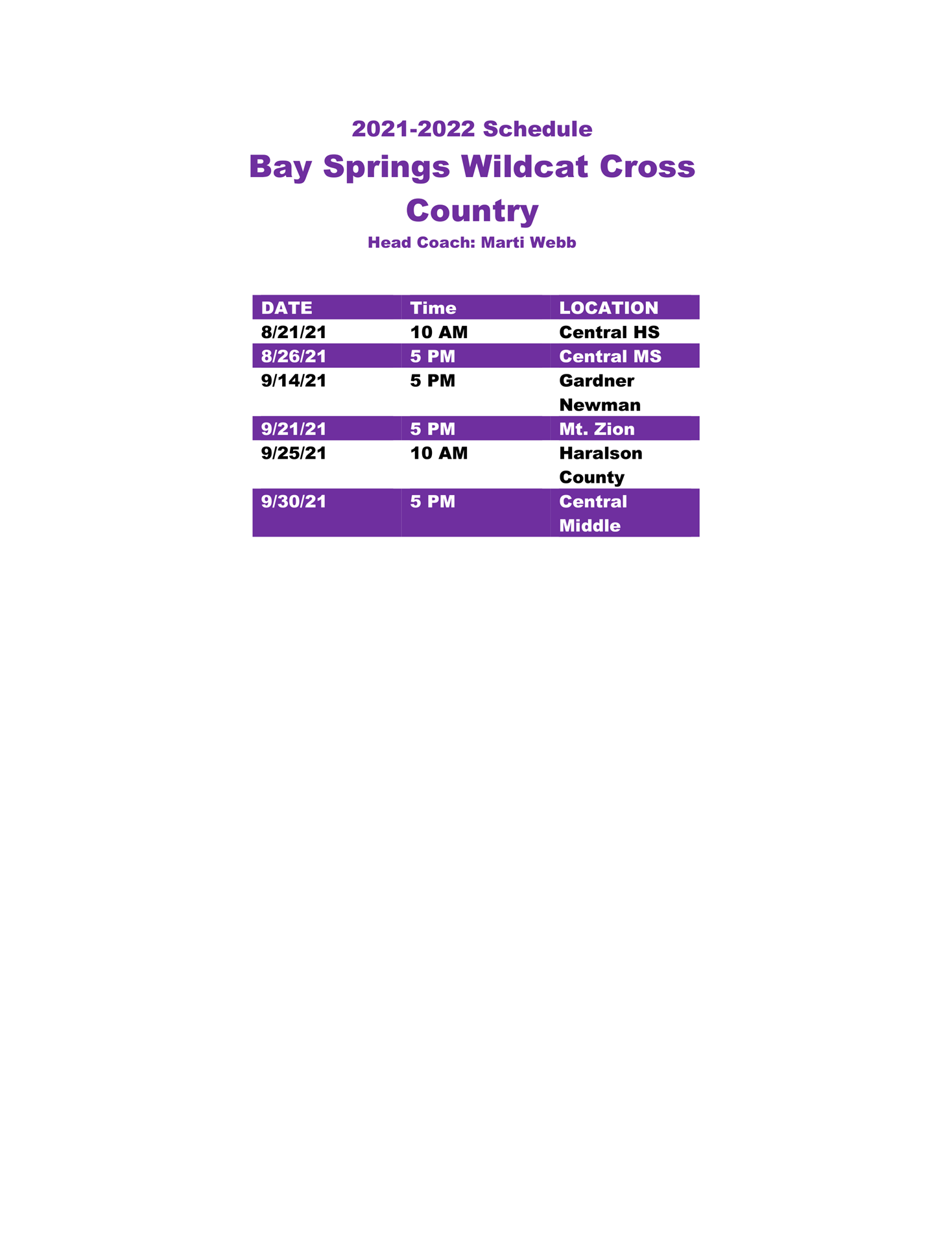 Cross Country schedule Cross Country schedule