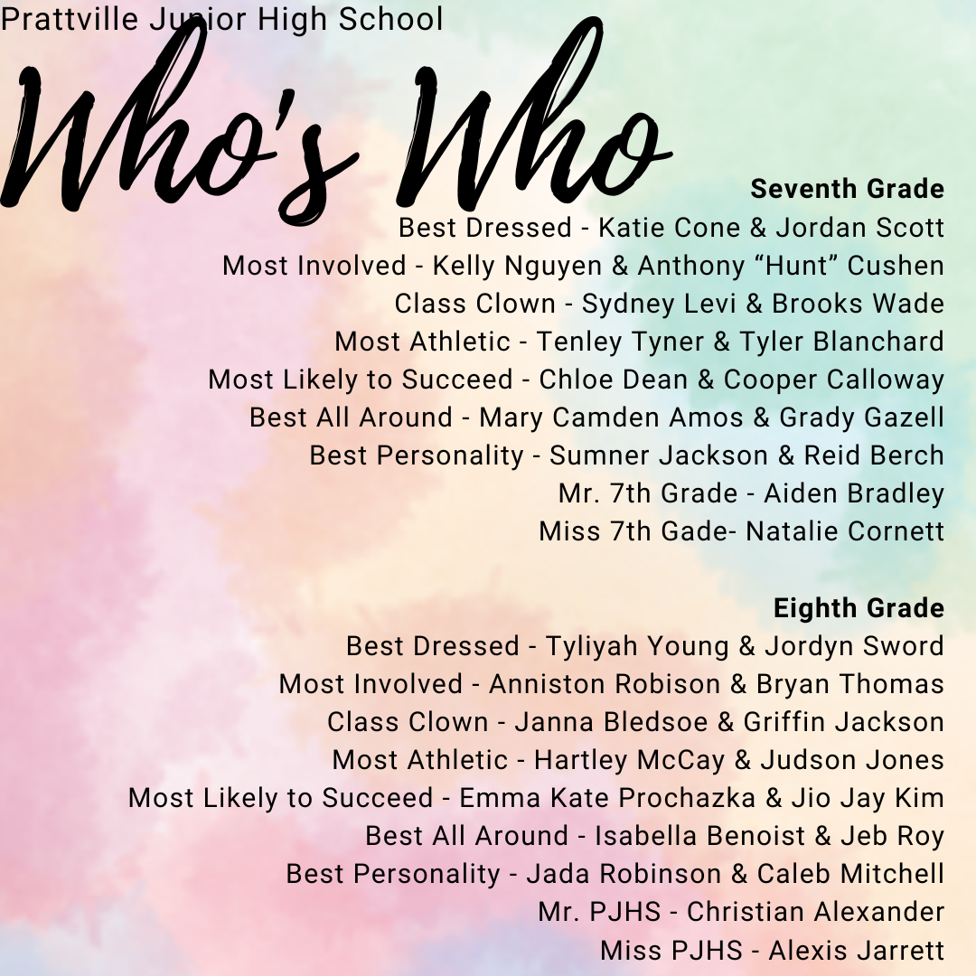 Pastel colored background which reads "Congratulations to our 2022-2023 PJHS Who’s Who!   Seventh Grade Best Dressed - Katie Cone & Jordan Scott Most Involved - Kelly Nguyen & Anthony “Hunt” Cushen Class Clown - Sydney Levi & Brooks Wade Most Athletic - Tenley Tyner & Tyler Blanchard Most Likely to Suc ceed - Chloe Dean & Cooper Calloway Best All Around - Mary Camden Amos & Grady Gazell Best Personality - Sumner Jackson & Reid Berch Mr. 7th Grade - Aiden Bradley Miss 7th Grade - Natalie Cornett                 Congratulations to our 2022-2023 PJHS Who’s Who!   Eighth Grade Best Dressed - Tyliyah Young & Jordyn Sword Most Involved - Anniston Robison & Bryan Thomas Class Clown - Janna Bledsoe & Griffin Jackson Most Athletic - Hartley McCay & Judson Jones Most Likely to Succeed - Emma Kate Prochazka & Jio Jay Kim Best All Around - Isabella Benoist & Jeb Roy Best Personality - Jada Robinson & Caleb Mitchell Mr. PJHS - Christian Alexander Miss PJHS - Alexis Jarrett"