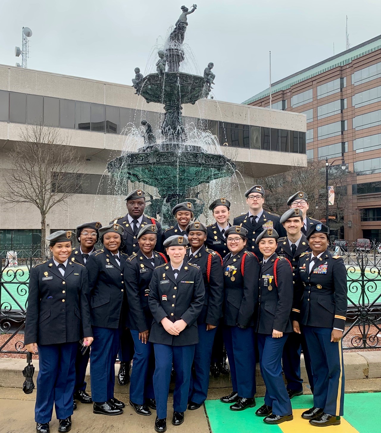 : Murphy JROTC cadets pose with the fountain at Rosa Parks Memorial on Dexter Avenue in Montgomery, Alabama.