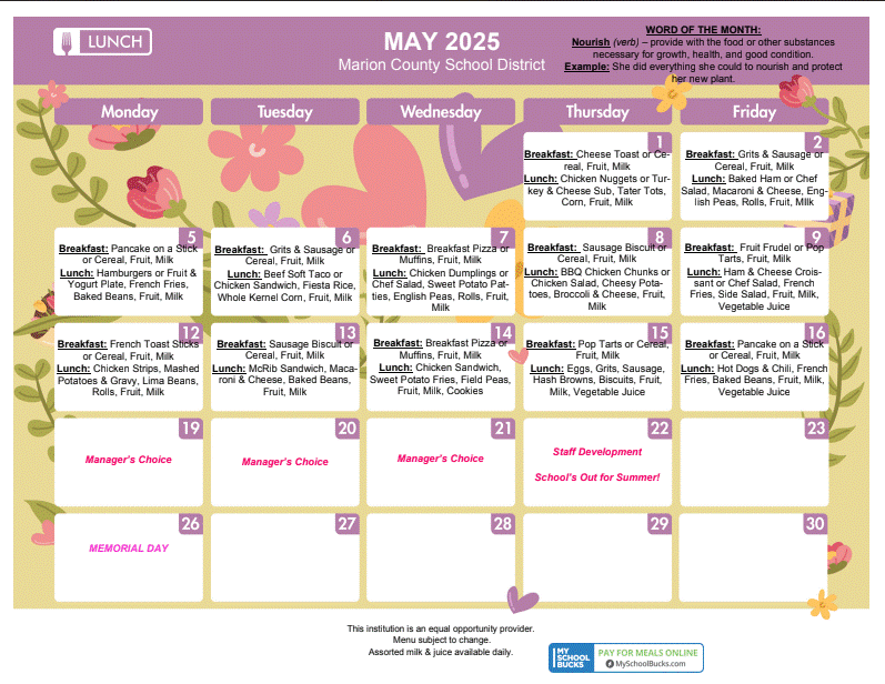 May Lunch Menu