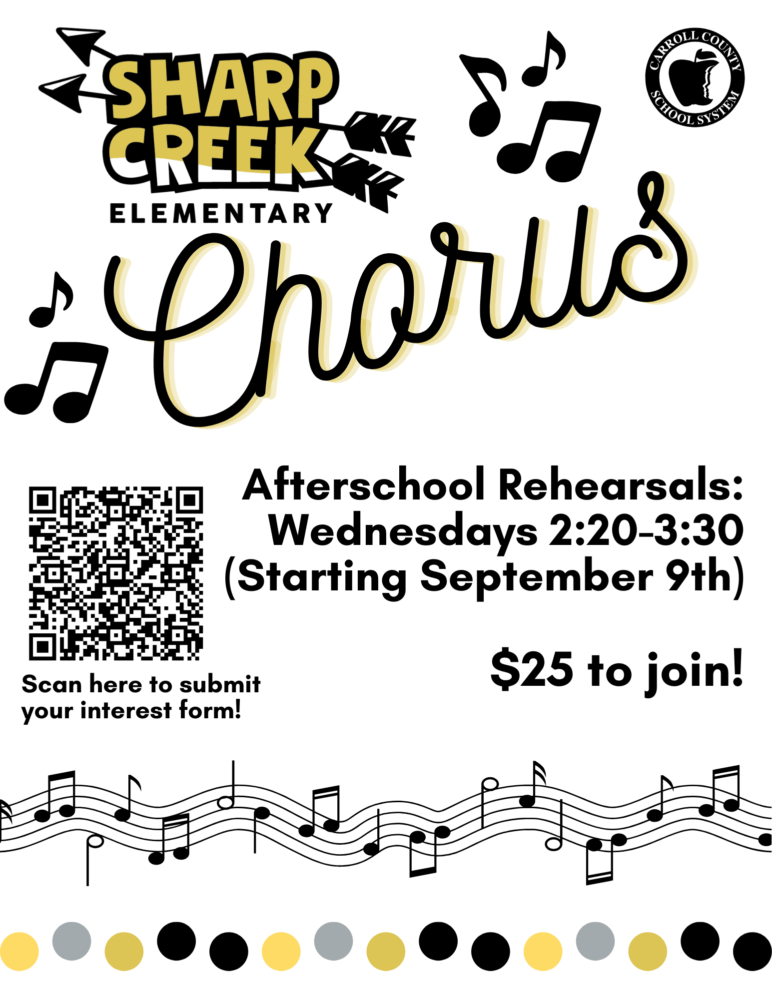 Sharp Creek Elementary Chorus flyer featuring musical notes and school logos. After-school rehearsals are Wednesdays from 2:20–3:30 p.m., starting September 9. The cost to join is $25. A QR code is included to submit an interest form.