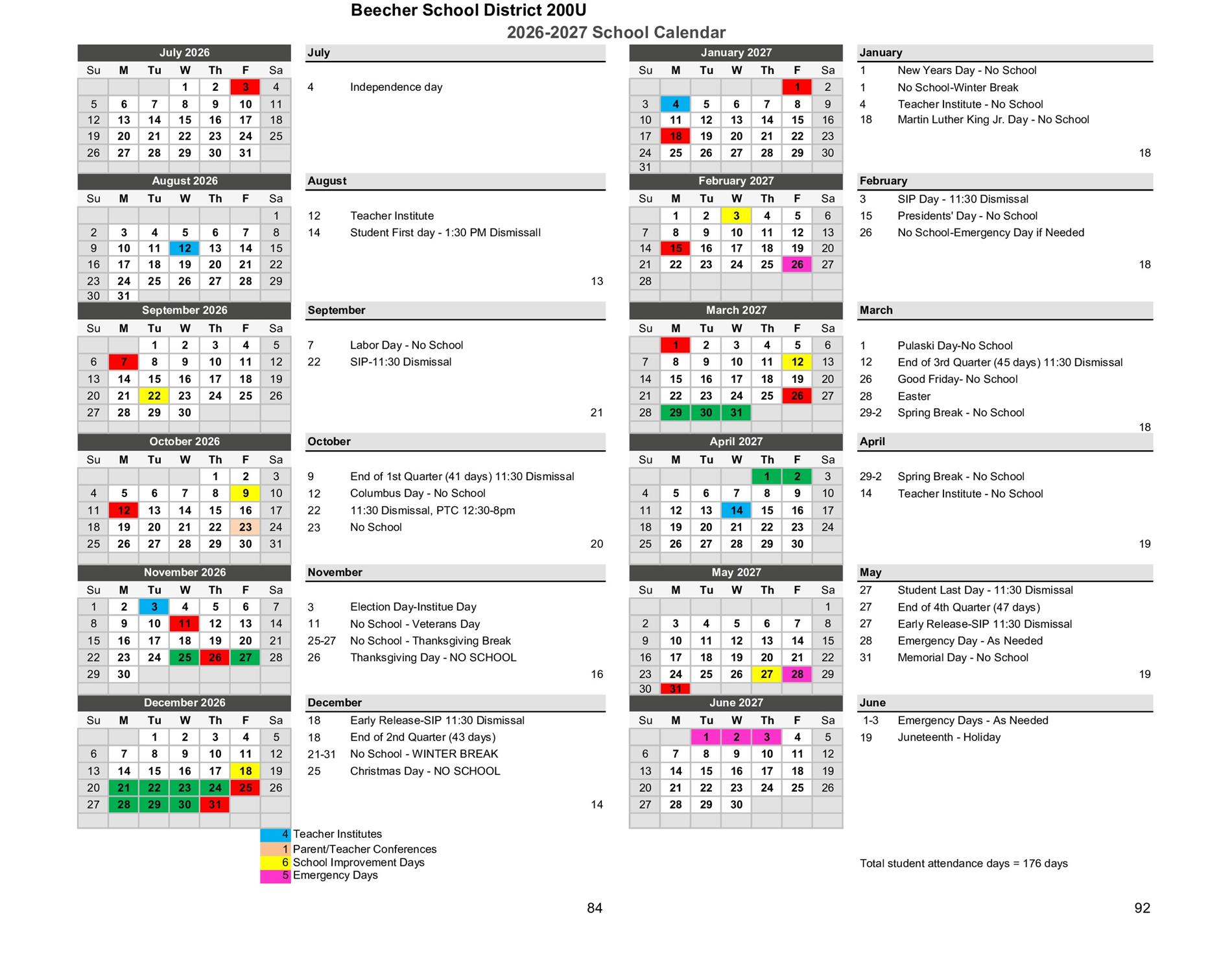 School Year Calendar