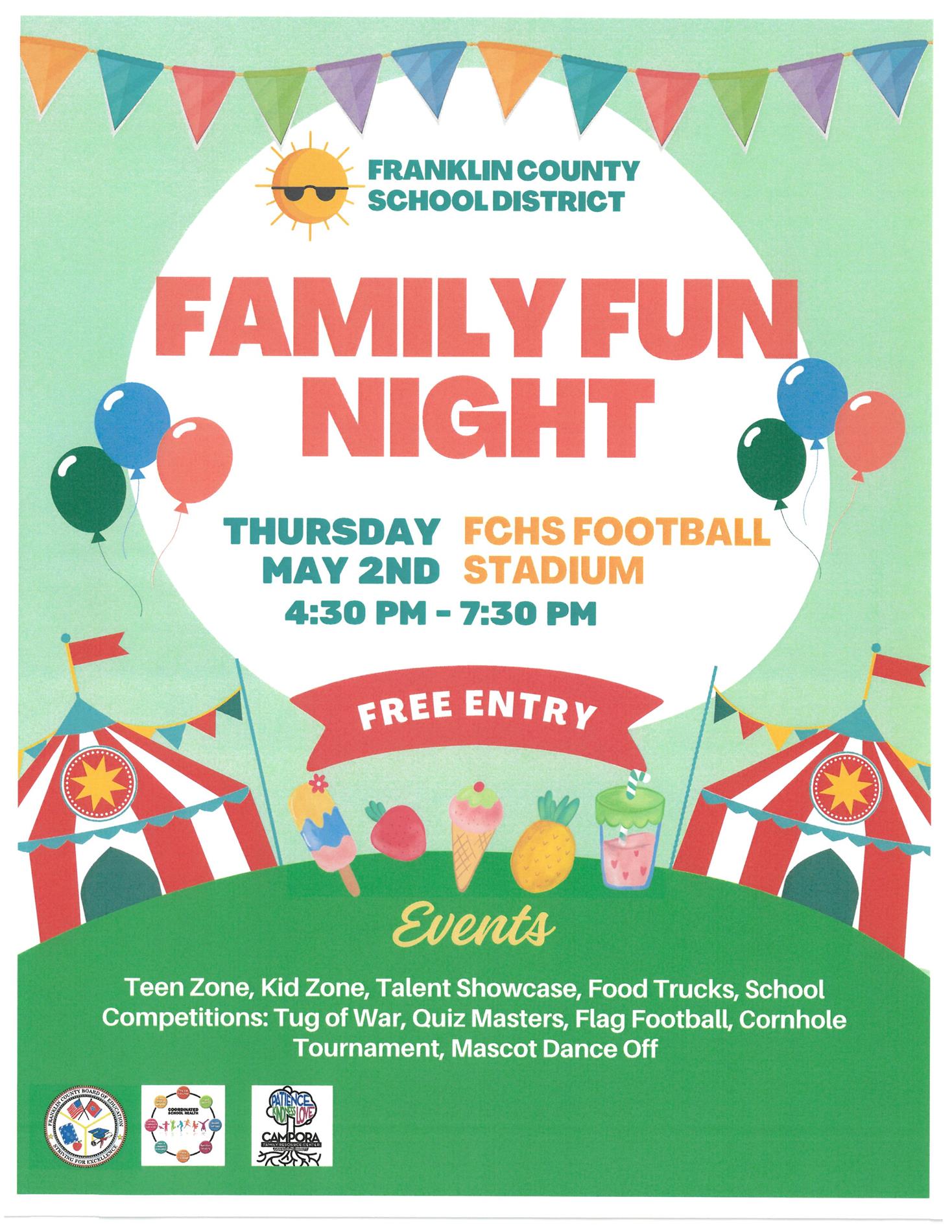 FC School district Family Fun night Thursday May 2nd at the FCHS Football stadium from 4:30 to 7:30 pm. Free entry. 