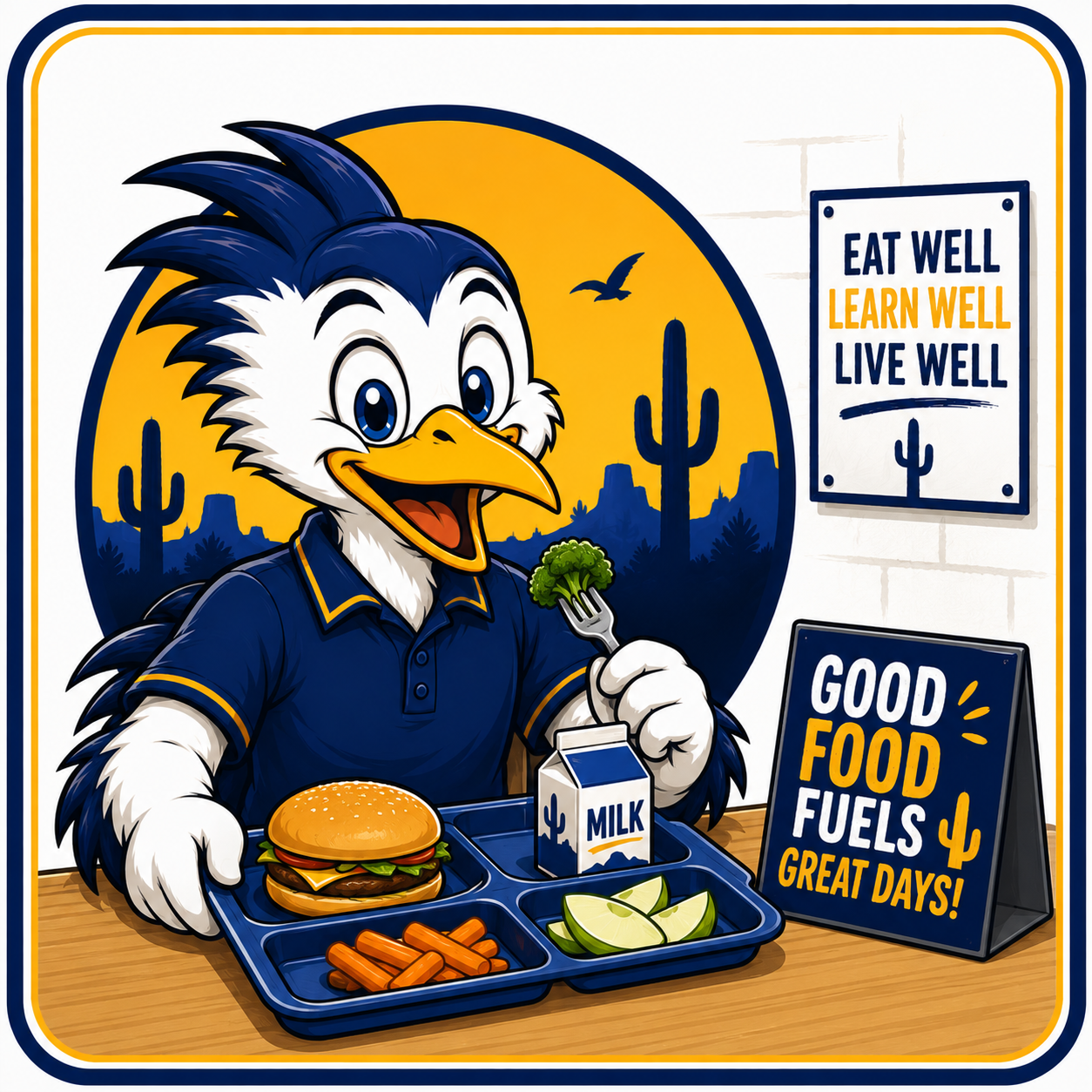 Cartoon roadrunner eating a school lunch