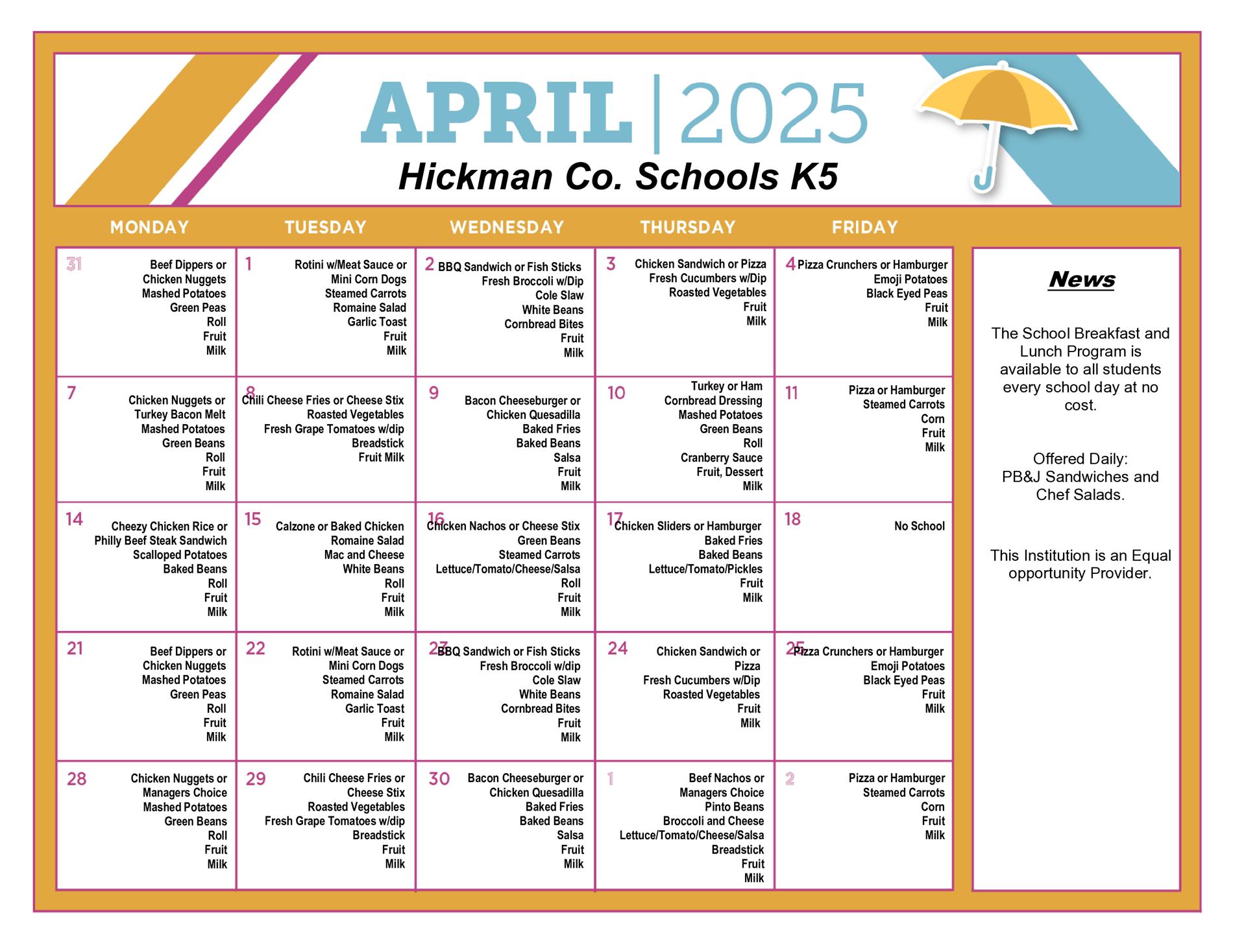 Lunch menus for the elementary & intermediate schools