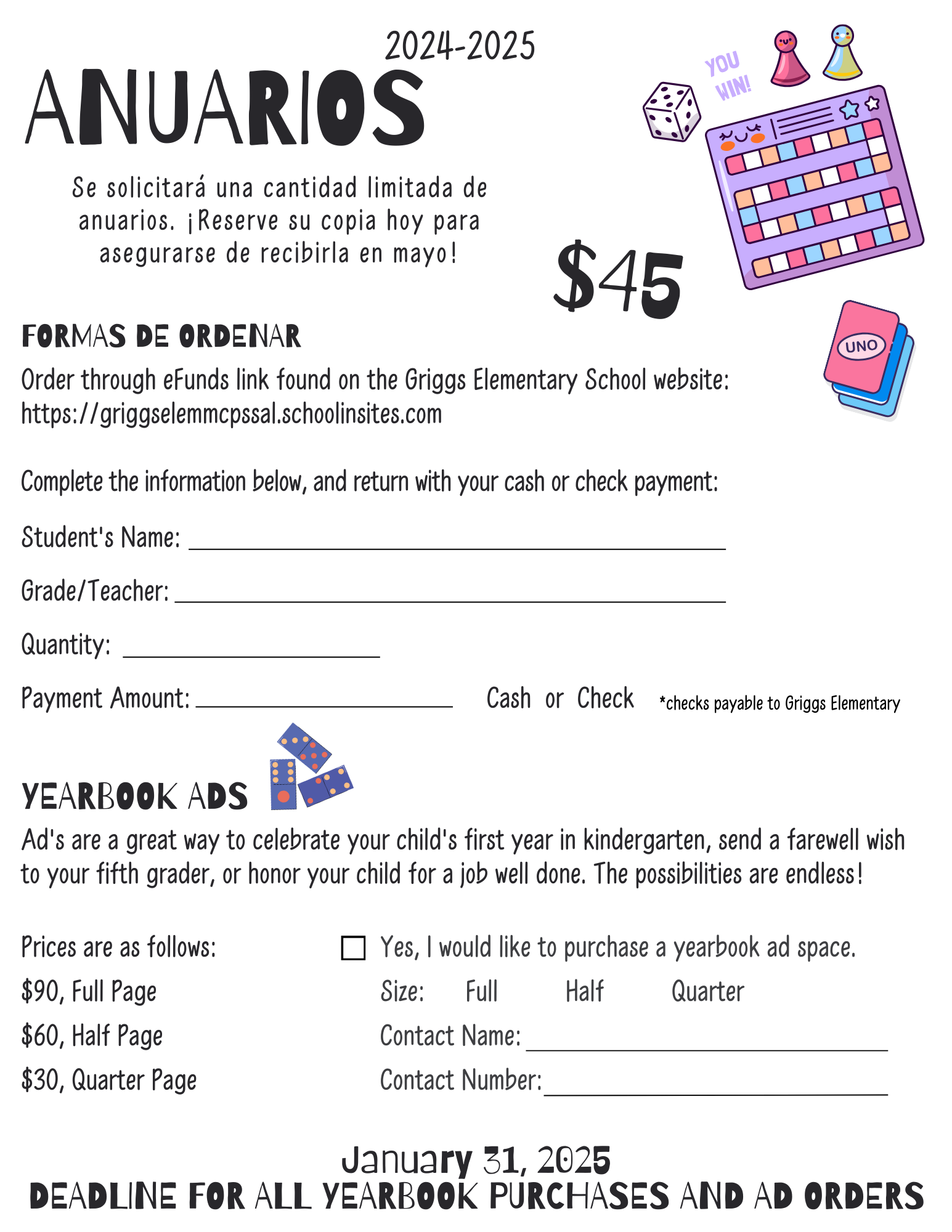 Yearbook order form in Spanish