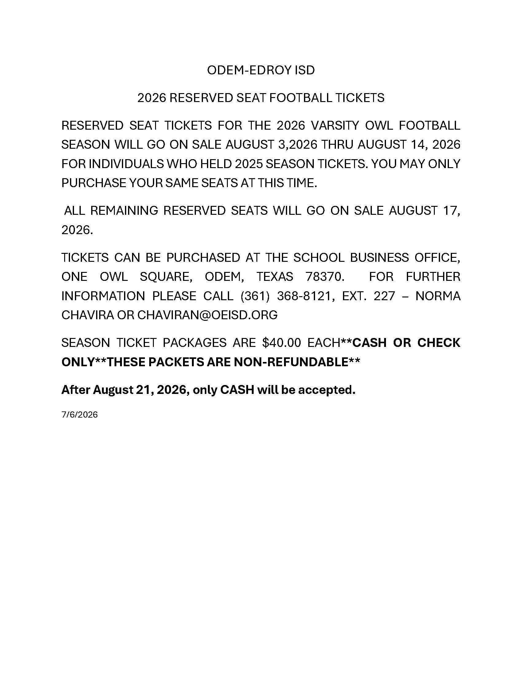 2026 Reserved Seat Football Tickets