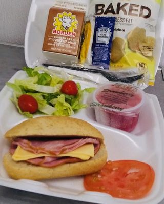 Sub Sandwich, Sliced Tomatoes, Romaine Salad, Baked Chips, Strawberry Fruit Cup and Lowfat Milk