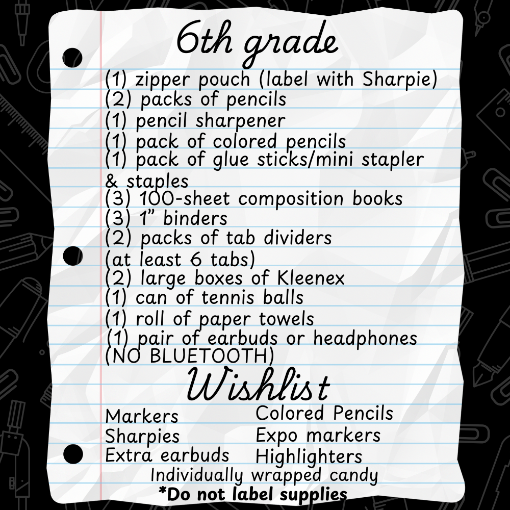 6th Supply List