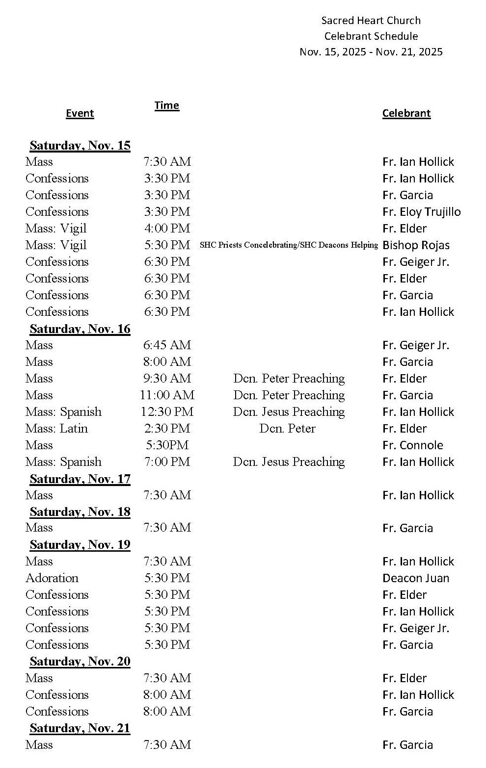 celebrant schedule 11.16.25