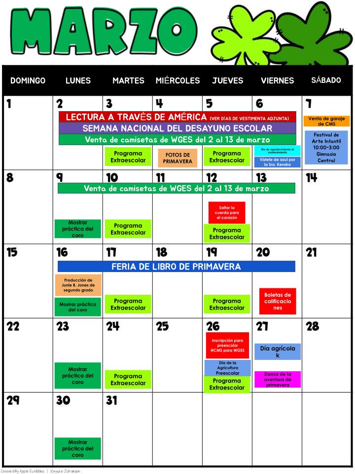 MARCH SCHOOL CALENDAR (SPANISH)