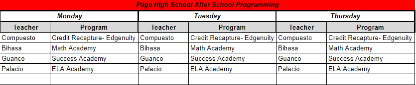Page High School After School Programming