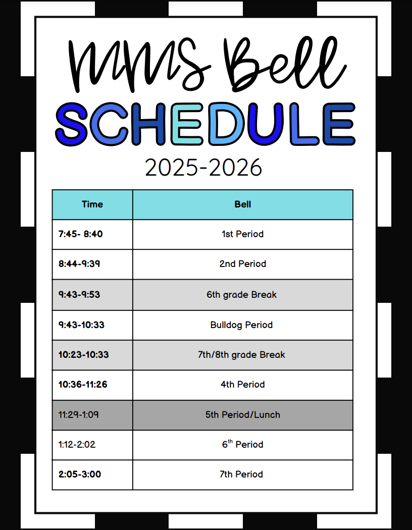 MMS Bell  Time Bell  7:45- 8:40 1st Period  8:44-9:39 2nd Period  9:43-9:53 6th grade Break  9:43-10:33 Bulldog Period  10:23-10:33 7th/8th grade Break  10:36-11:26 4th Period  11:29-1:09 5th Period/Lunch  1:12-2:02 6 Period th  2:05-3:00 7th Period