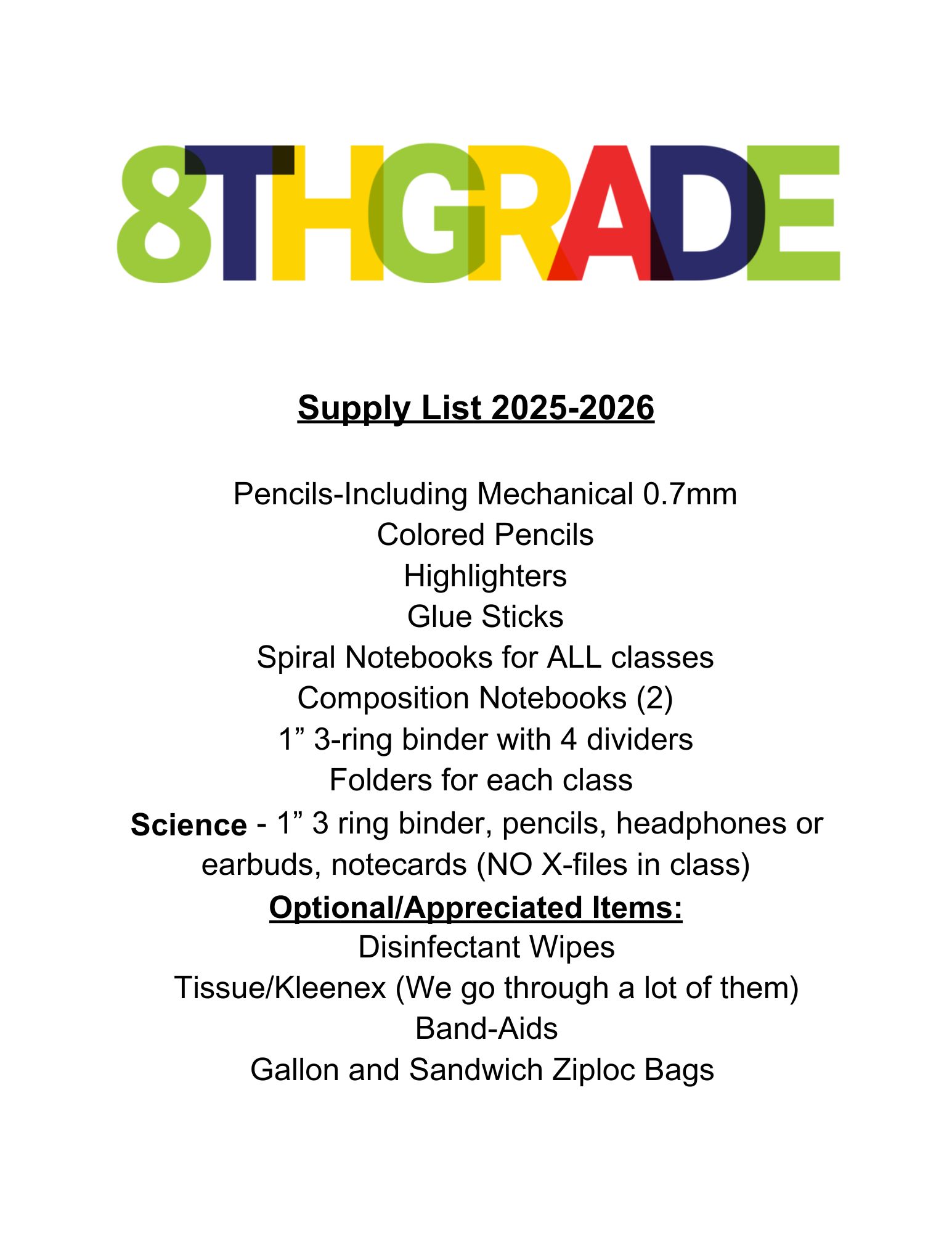 8th Grade Supply list