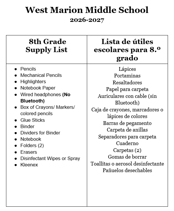 8th grade supply list