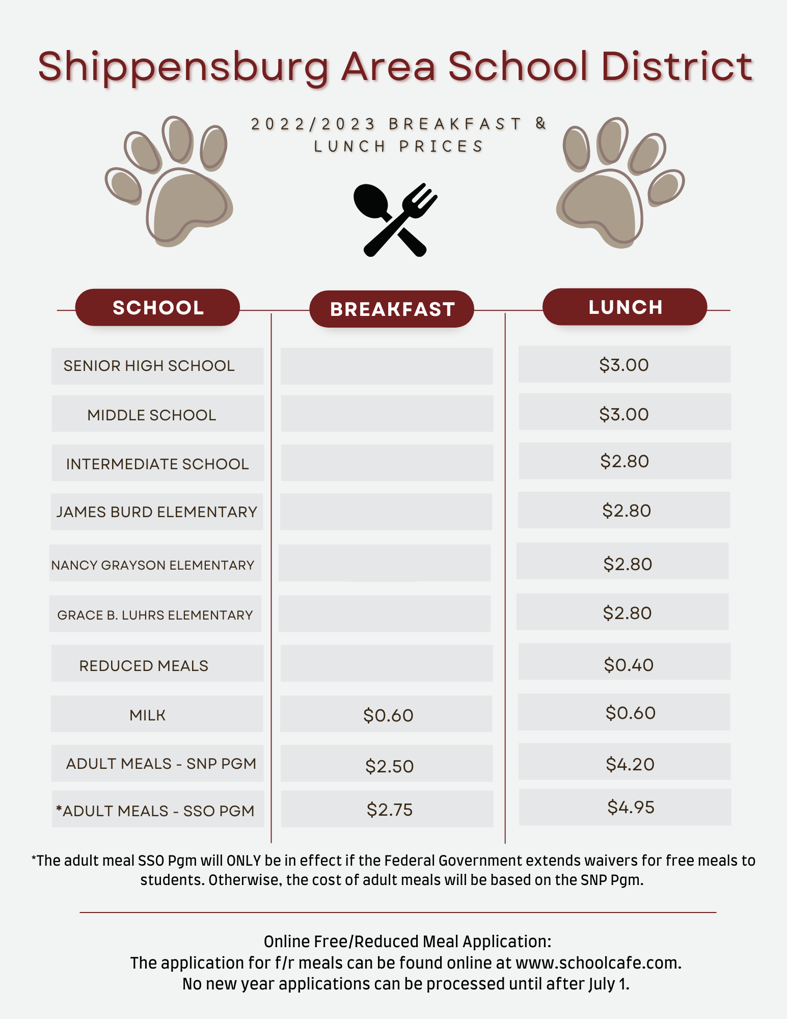 2022/2023 Meal Pricing